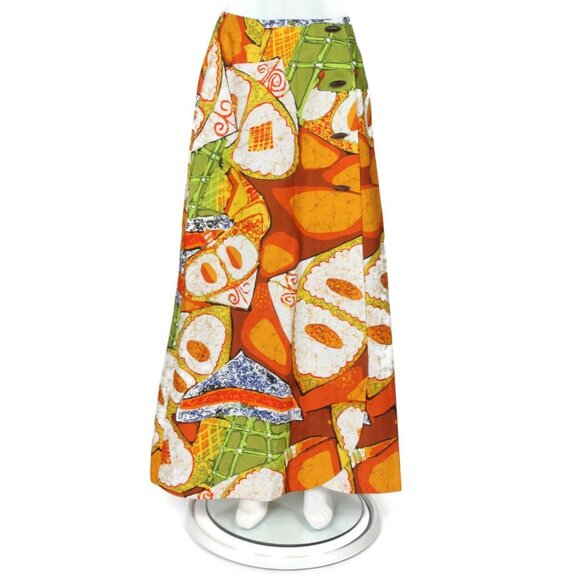 Vintage Barkcloth Hawaiian Mixed Print Tiki Tribal Wrap Maxi Skirt sz S /164